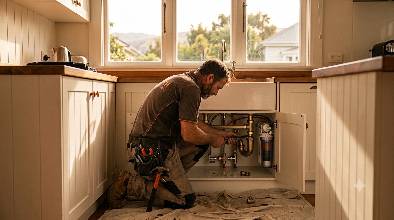 Plumber working under a kitchen sink in a New Zealand home